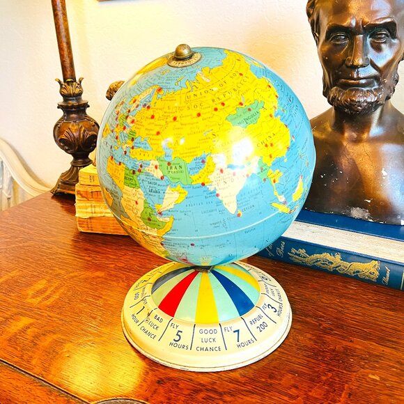 Vintage Mid Century Tin Desk 8 Inch Magnetic Air Race Globe, Replogle Globes Inc - Picture 4 of 16